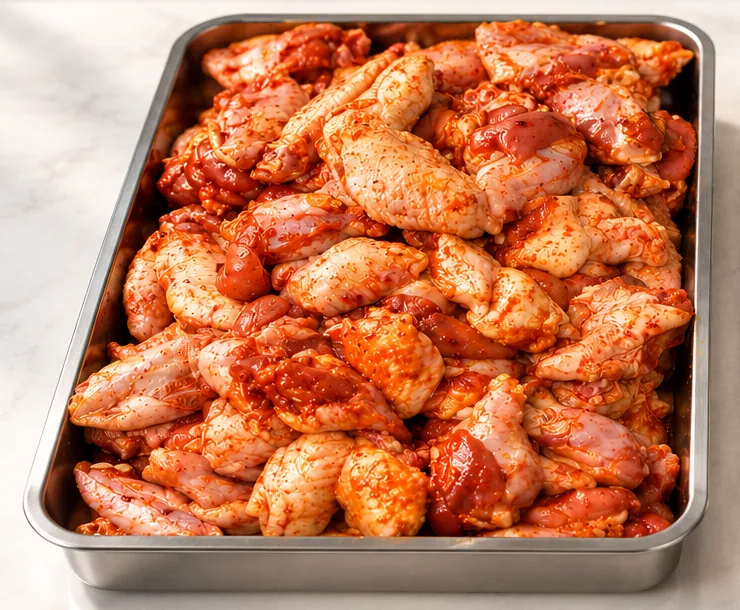 Photo réelle : ailes de poulet marinées, crues, dans un bac inox.